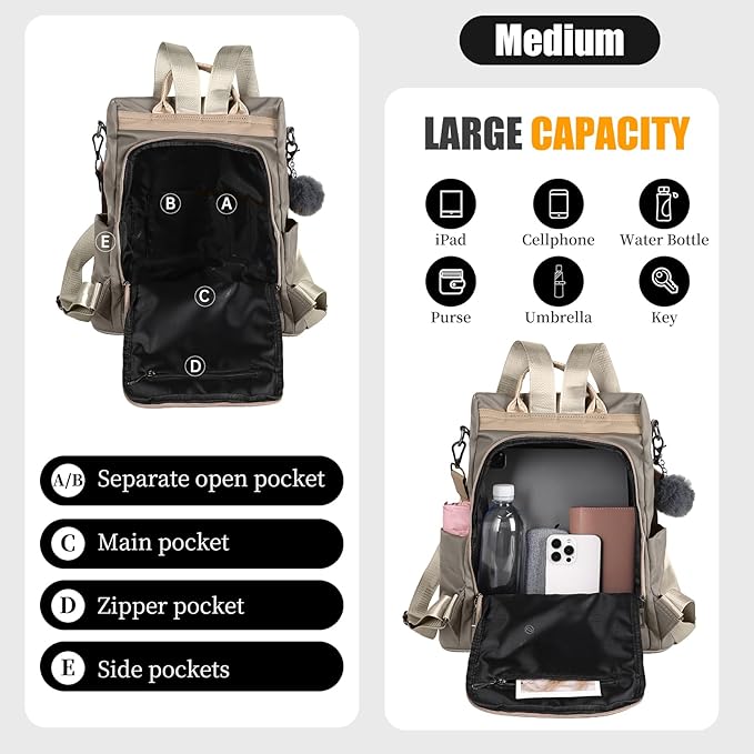 PINCNEL Women Backpack Purse Waterproof Nylon Anti-theft Rucksack Lightweight Shoulder Bag - Image 3