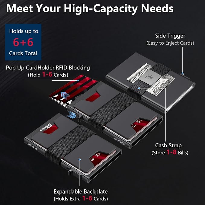 SEMORID Slim Aluminum Card Holder Wallet for Men, Durable Expandable Backplate, RFID Blocking Minimalist Metal Pop Up Wallet, Holds 12+ Cards Plus Cash - Image 2