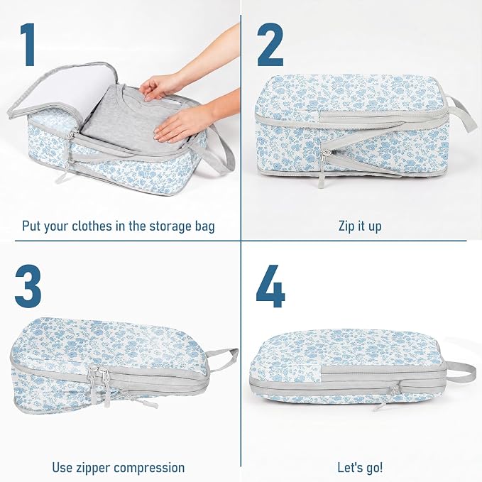 6 Set Compression Packing Cubes, Suitcase Organizer, Lightweight Travel Essentials, Compression Bags For Travel Accessories Luggage Storage Set (6Pcs, Blue floral) - Image 3