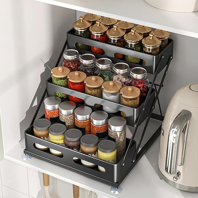 Ceetug 3 Tier Foldable Spice Rack, Black | Iron, For Countertop, Kitchen Seasoning Organizer, For Cabinet - Image 5