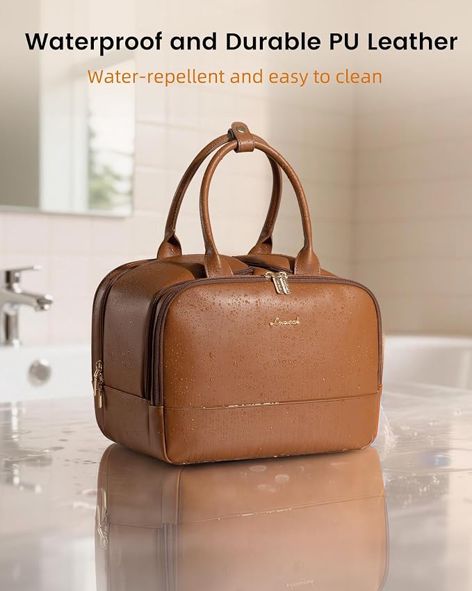 LOVEVOOK Large Makeup Bag for women, Leather Travel Toiletry Bag | Wide-Open Access, Waterproof Cosmetic Bag Organizer for Shower, Traveling, Toiletries, Bathroom, Dry/Wet Separation - Image 5