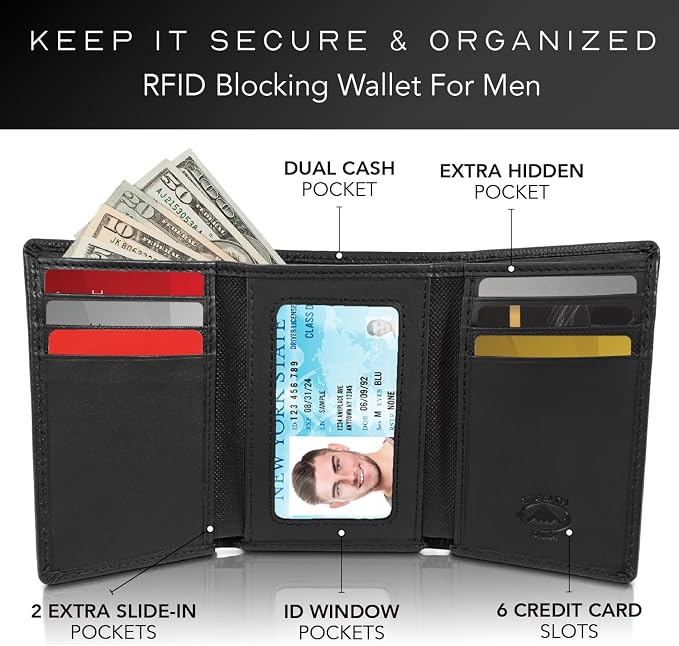 Stealth Mode Trifold Leather Wallet for Men with RFID Blocking | Black Crunch Top Grain Napa Leather, 9 Card Slots, ID Window, Gift Box – Gift for Dad, Husband, or Son - Image 2