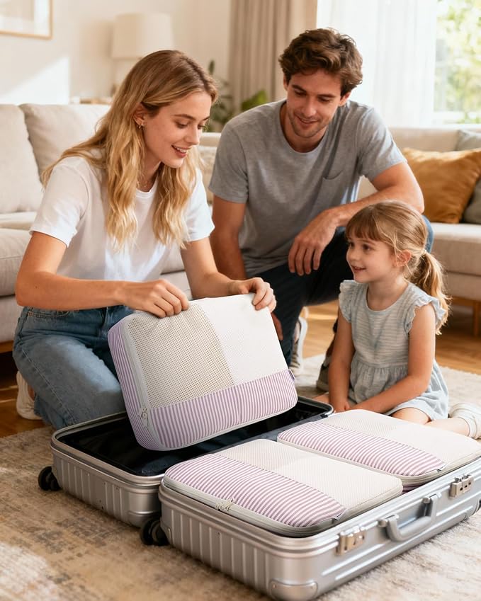 Narwey 7 Set Striped Packing Cubes for Travel Carry on Suitcase, Durable Packing Organizers Bag for Kids Women Men, Duffle Bags Backpack Travel Essentials Accessories (Dusty Pink Stripe) - Image 7