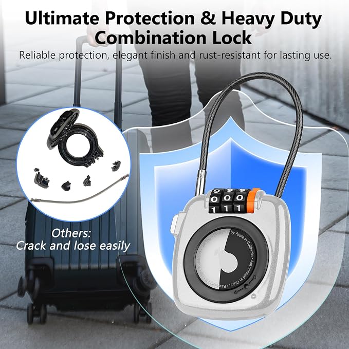 Compatible with Apple AirTag Secure Lock with Wire Cable, 3-Digit Combination Luggage Locks, Alloy Body Ultra Durable Anti-Lost Protective Case for Luggage, Suitcase (White*2) - Image 6