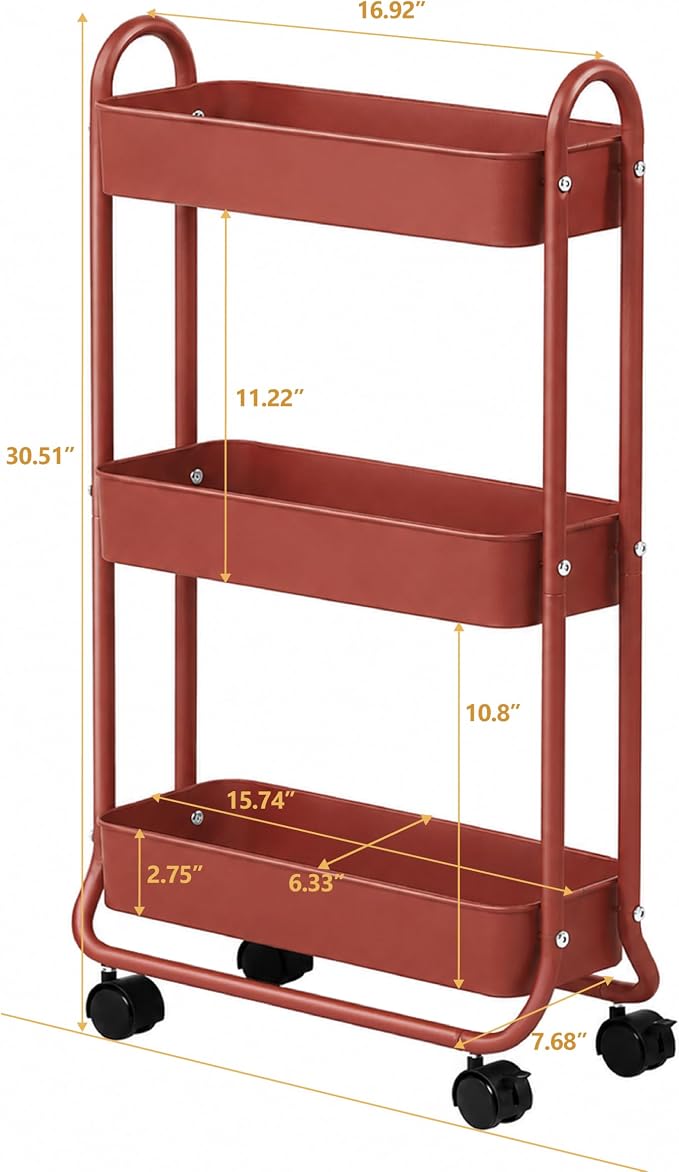SunnyPoint Slim Rolling Storage Cart, 3 Tier Bathroom Storage Organizer Bathroom, Laundry Utility Cart (RED) - Image 4