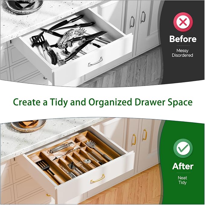 Simple Trending Expandable Bamboo Kitchen Drawer Organizer, Natural | Adjustable Silverware Organizer with 9 Compartments, Practical Utensil Cutlery Tray for Flatware, Flexible Storage - Image 3