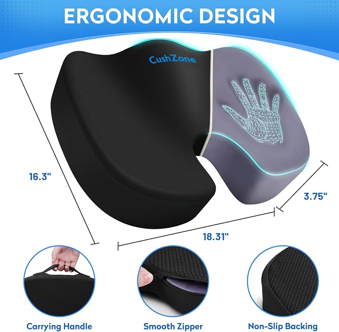 CushZone XL Memory Foam Seat Cushion for Office, Car & Wheelchair, Black | U-shaped Coccyx Cutout, Contoured Design, Breathable Removable Mesh Cover, Non-Slip Base, Carry Handle - Image 2