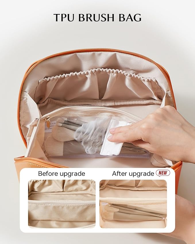 EACHY Travel Makeup Bag for Women, Flat Open Cosmetic Bag, Orange, Medium | Flat-open cosmetic organizer with pockets and clear TPU brush compartment for makeup, toiletries and travel essentials - Image 3