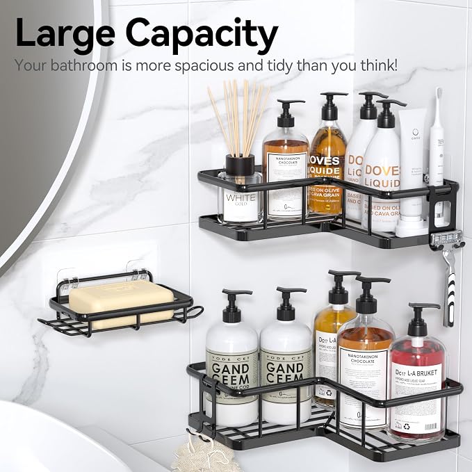 Corner Shower Caddy Adhesive, 100% Rustproof Shower Organizer with Soap Holder, No Drill Shower Shelf for Inside Shower, Wall-Mounted Shower Storage for Homes (3 Pack, Black) - Image 9