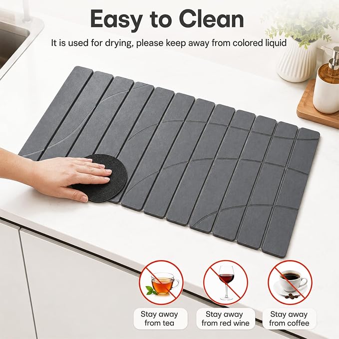 Extra Large Stone Dish Drying Mat for Kitchen Counter, Quick Dry Stone Dish Mats, Foldable Water Absorbing Diatomaceous Drying Pad for Countertop Bottles Utensils Bathroom (Flow Line Gray 32"x16") - Image 5