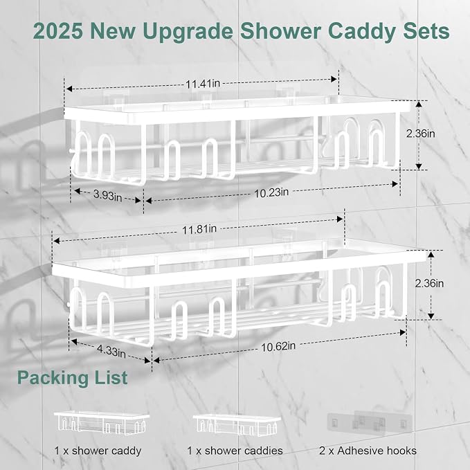 Getsrichfc Shower Caddy Adhesive, Rustproof Shower Shelves for Inside Shower, Large Capacity Bathroom Organizers and Storage, Shower Storage with Removable Hooks, No Drill Bathroom Accessories White - Image 6