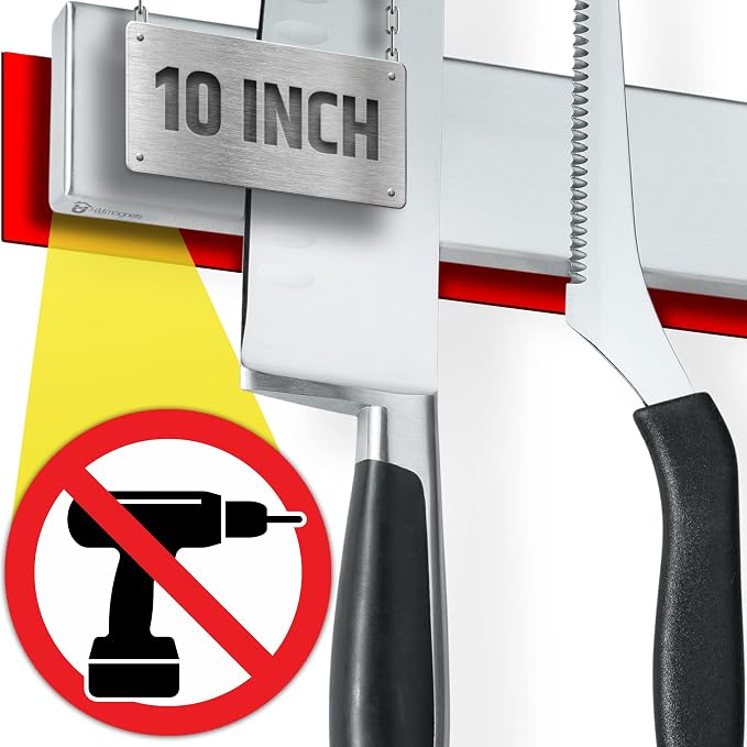 10" Strong Adhesive (No Drill) Magnetic Knife Holder for Wall - Professional Knife Strip - No Screws Needed - Adhesive Backing - Stainless Steel Bar (Upgraded Version – Will Not Fall) by HMmagnets