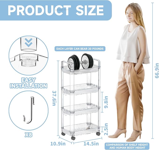Clear 4 Tier Rolling Utility Cart with Wheels,Modern Bedside Cart for Baby Essentials,Nursery,Diaper Caddy,Baby Supplies,Rolling Storage Cart for Living Room,Bathroom,Kitchen,Book - Image 2