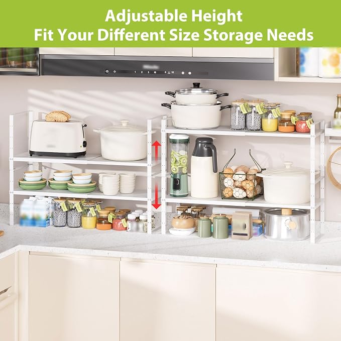 Expandable Cabinet Shelf Organizer Rack, Stackable Kitchen Counter Storage Shelves Stand, Adjustable Height Pantry Shelf Spice Rack (White-2 Pack, 8.7" D x 15.4-26.8" W x 9.8" H) - Image 5