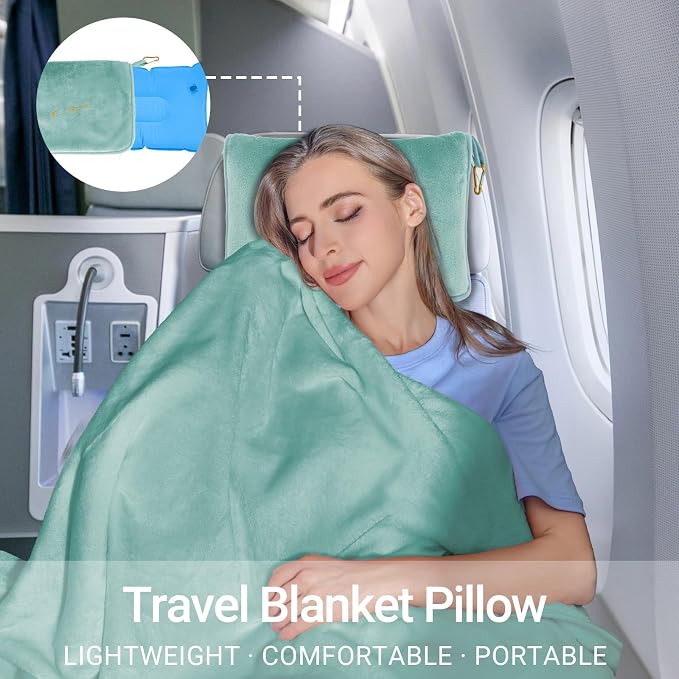 Travel Blanket & Pillow Set, 300 GSM Soft Fleece, 60x43 Inches, 3-in-1 Airplane Blanket, Travel Pillow and Blanket Set, Travel Blanket Airplane Compact with Bag, Travel Essentials,Mint Green - Image 7