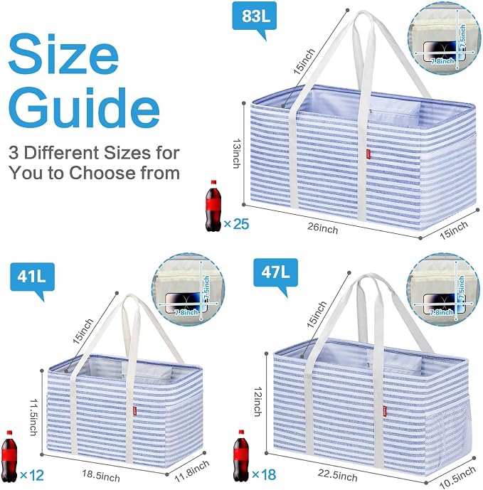 LHZK Standing Extra Large Utility Tote Bag with Metal Wire Frame and the Sides Rinforced, Extra Large Tote Bag with Handle, Reusable Grocery Bags Foldable, Beach Bag, Car Tote (Blue) | Metal Wire Frame - Image 4