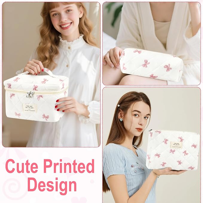 URSKYTOUS 3Pcs Cotton Quilted Makeup Bag for Women Extra Large Coquette Small Floral Travel Cosmetic Bag Set Aesthetic Cute Bow Makeup Pouch Portable Toiletry Bag Puffy Essential Storage Organizer - Image 6