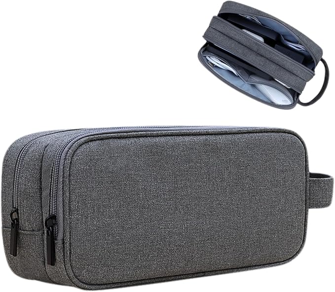 Teskyer Double Layer Cable Organizer Bag, Travel Tech Pouch, Dark Grey | Elastic Bands Organization, Water Resistant Fabric, Multiple Compartments, Padded Protection, Travel and Office Use by TESKYER