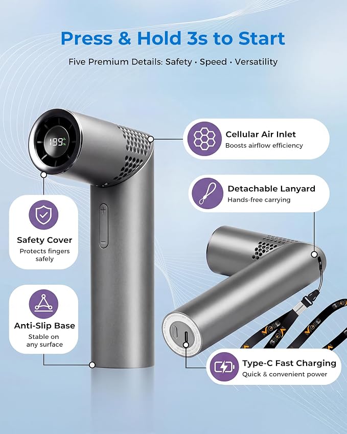 Portable Handheld Fan, Rechargeable, 199 Speeds, LED Display, Grey | 199-speed handheld fan with LED display, USB-C charging, 3000mAh battery for travel, office, outdoor, and makeup - Image 9