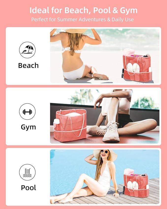 Mesh Beach Tote Bag for Women, 2-in-1 Large Lightweight Foldable Design | Packable into Matching Makeup Pouch | Multiple Pockets | Quick-Dry Sandproof Mesh | Beach, Pool, Travel, Shopping & Gym - Image 6