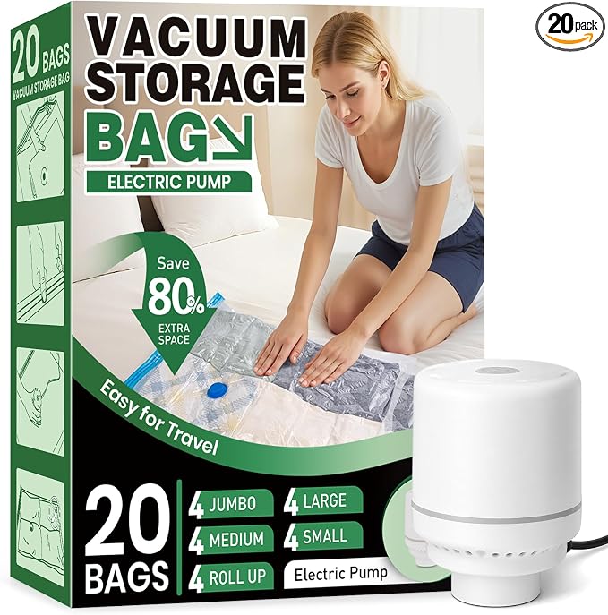 FUNFERY 20 Pack Vacuum Seal Bags for Clothing Travel,Vacuum Storage Bags with Pump,Compressing Packing Bag for Clothes,Blankets,Comforters,Home Storage,Space Saving Bag for Moving Supplies-Combo Set by FUNFERY