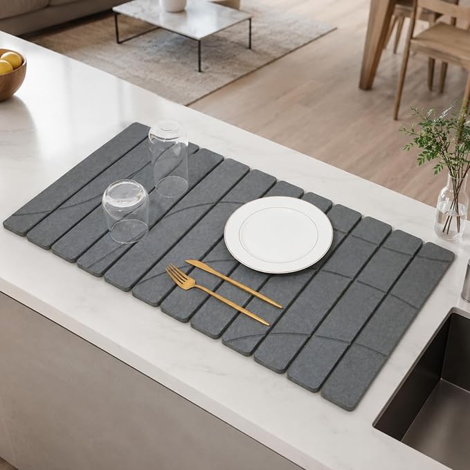 Extra Large Stone Dish Drying Mat for Kitchen Counter, Quick Dry Stone Dish Mats, Foldable Water Absorbing Diatomaceous Drying Pad for Countertop Bottles Utensils Bathroom (Flow Line Gray 32"x16") - Image 8
