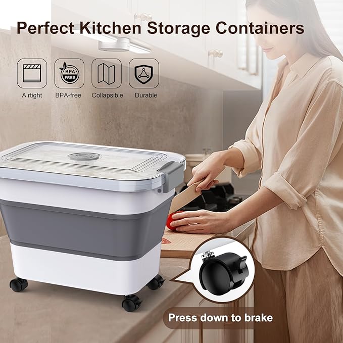 Rice Storage Container, Collapsible Airtight Food Storage Containers 20-30lbs with Clear Lid and Wheels, Rice Dispenser with Scoop for Flour Cereal Pasta Grain, Cat Pet Bird Dog Food Storage Container - Image 6