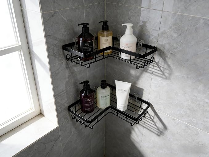 Shower Caddy 2 Pack, No Drilling Adhesive Bathroom Organizer Shelf Rack, Corner Shower Shelf with Hooks for Home Decor & Storage - Image 8