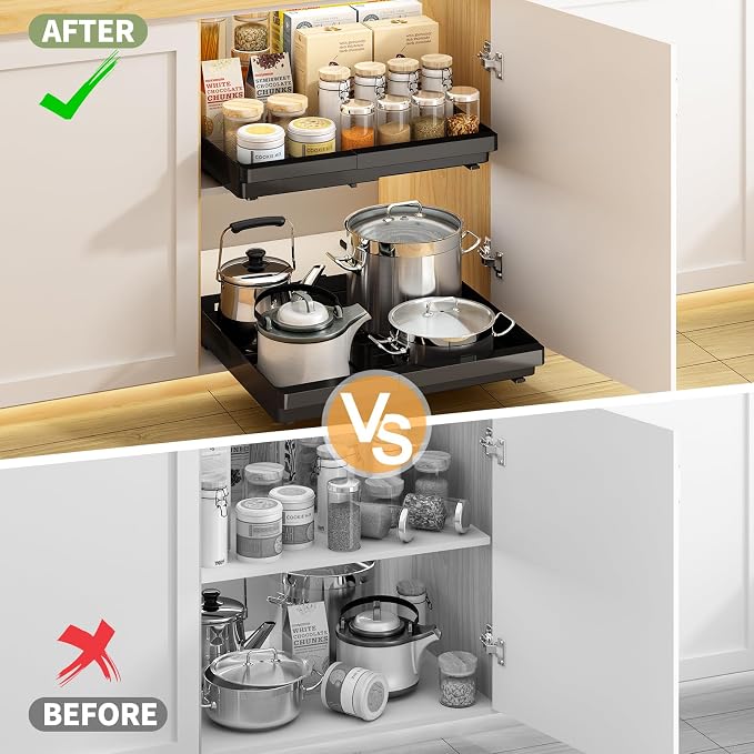 DOMNIU Pull Out Cabinet Organizers Expandable,Black,20.8"Depth,2 Pack | Slide Out Drawers for Kitchen, Bathroom, Pantry, Under Sink Storage, Fixed with Adhesive Nano Film (13''-19'') - Image 6
