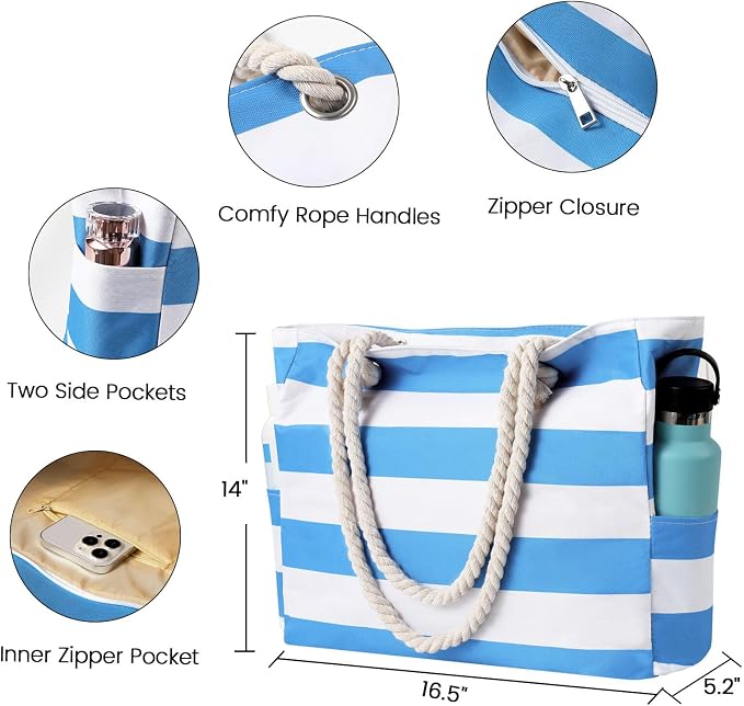 Clothirily Beach Bag for Women, Large Beach Tote Bag Waterproof with Zipper | Large Capacity Swim Pool Bag, Inner Pockets, Sandproof Foldable Beach Tote for Travel Essentials - Image 3