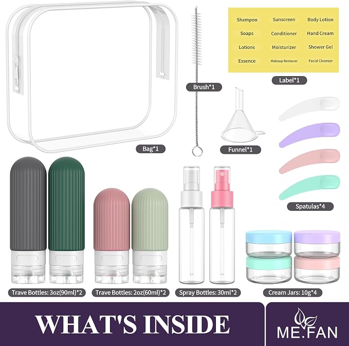 ME.FAN Travel Bottles for Toiletries,18 Pack Silicone Portable Size Bottle, TSA Approved Refillable Cosmetic Container Kits for Conditioner, Shampoo, Lotion,Face Cream - Morandi - Image 2