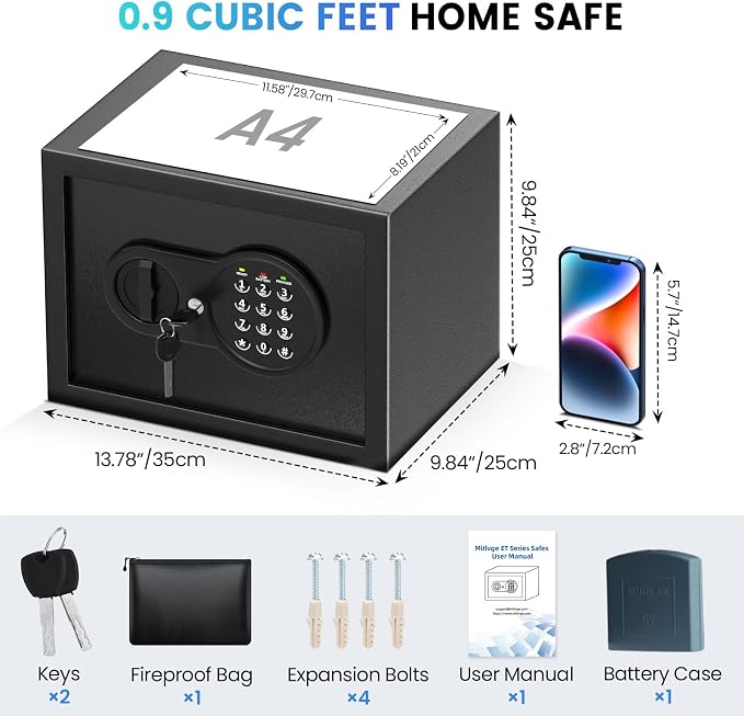 9.84'' Tall Small Safe Box, Home Safes with Removable Shelf | Fireproof Bag, Keys & Pass Code,Mini Fireproof Security Safe with Smart Alert and Wall Mount Kits for Money,Jewelry,Documents - Image 3