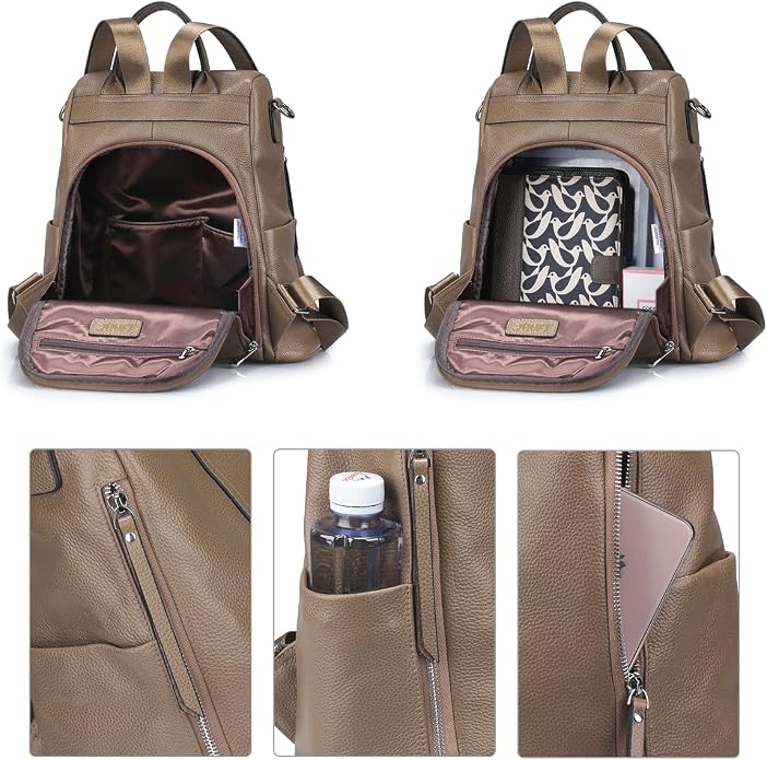 S-ZONE Leather Backpack Purses for Women Antitheft Rucksack Shoulder Bag Medium | Genuine Leather, Medium Fits 9.7-inch Tablet, for Work Travel Daily Commute, Multi Pockets, Adjustable Dual Straps - Image 3