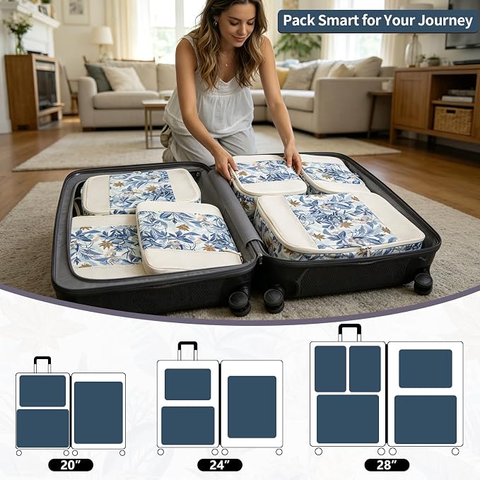 Extra Large Compression Packing Cubes for Carry On, 4 Set Lightweight Travel Packing Organizers with Breathable Mesh, Expandable Compression Cubes for Travel, Blue Floral - Image 6