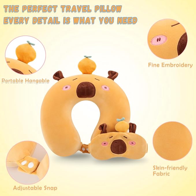 Travel Pillow, Kids Travel Pillow with Sleep Eye Mask Soft Memory Foam Kids Neck Pillow for Boys & Girls, Travel Accessories for Car Airplane Traveling - Capybara - Image 5