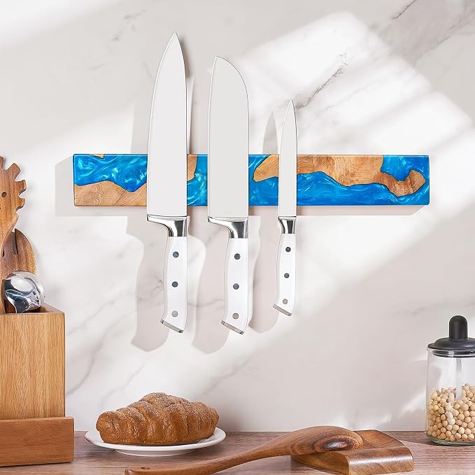 Magnetic Knife Holder for Wall 16 Inch, Acacia Burl Wood & Blue Resin Magnetic Knife Strip Bar, Powerful Magnet Kitchen Knife Storage Rack, Space-Saving Wall Mounted Organizer - Image 3