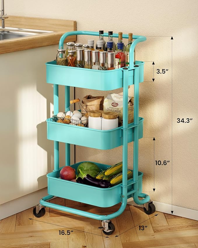 Pipishell Metal 3 Tier Rolling Cart with Handle & Wheels, Turquoise | Four Large 2" Wheels for Easier Movement, Sturdy Metal, Hold 22 lbs per Shelf, Ventilated Mesh Design, for Office and Kitchen - Image 3