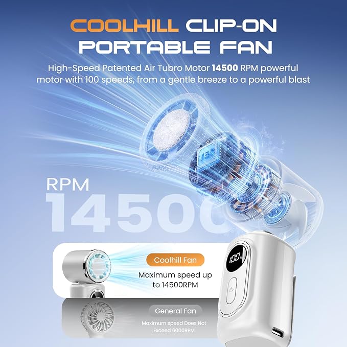 Portable Clip-On Mini Fan Handheld Turbo Fan with 100 Speeds 3000mAh | Rechargeable Stroller Fan Pocket Size USB Cooling Fan for Travel, Camping, Lash Tech & Office - Image 2