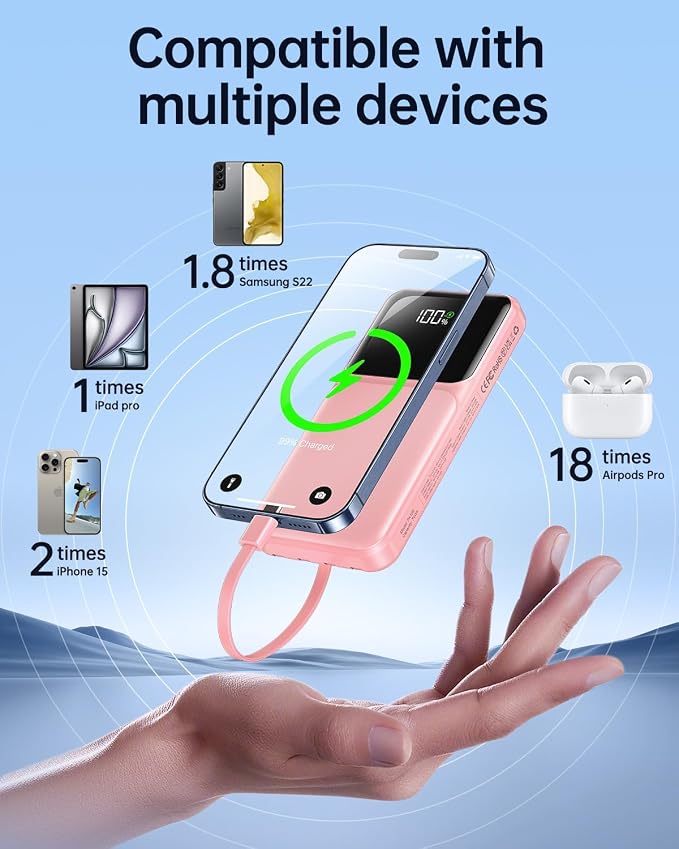 Portable Charger with Built in Cable 20000mAh Fast Charging | Power Bank USB C Slim 22.5W LED Display Battery Pack 5 Outputs & 3 Inputs for Travel Essentials iPhone Samsung Phones Pink - Image 3