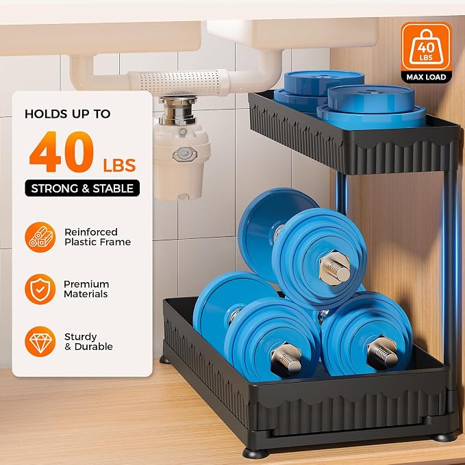 3-Pack 2-Tier L-Shaped Under Sink Organizers with Sliding Drawers | Multi-use kitchen & bathroom storage, 14.85 inch black cabinet organizer, space-saving sliding drawer design. - Image 5