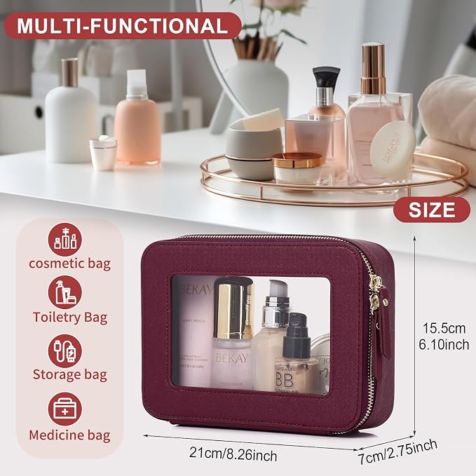 Pinkmik Clear Makeup Bag, (Burgundy, M) | Waterproof, Travel Cosmetics and Toiletries Case, Portable Makeup Organizer, Clear Car Bag with Zippe - Image 3
