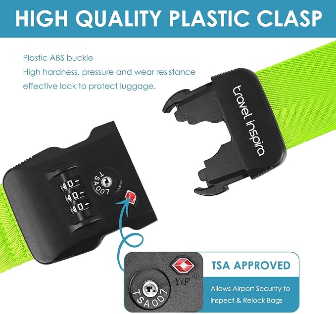 Travel Inspira Heavy Duty Luggage Straps with TSA Lock | Anti-Burst Protection; High Visibility Green; TSA-Lock Belt with Tag; Adjustable 103-200cm; 20-28 Inch Bags; Anti-Burst - Image 7