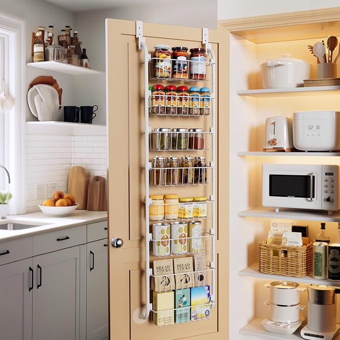 Delamu Narrow Over The Door Pantry Organizer, 8-Tier Metal Pantry Door Organization and Storage for Easy Install, Hanging Spice Rack Shelves, Door Organizer for Kitchen, 4.65"D x 13"W x 65"H, White - Image 6