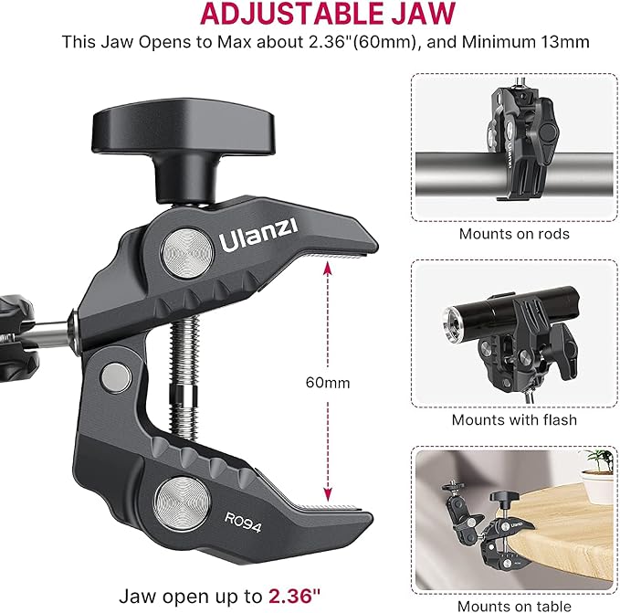 ULANZI Super Clamp Camera Clamp Mount Monitor 360° Ballhead MagicArm Double | Ball Head Adapter with 1/4"-20 & 3/8"-16 Thread ST-07 Phone Tripod Mount - Image 5