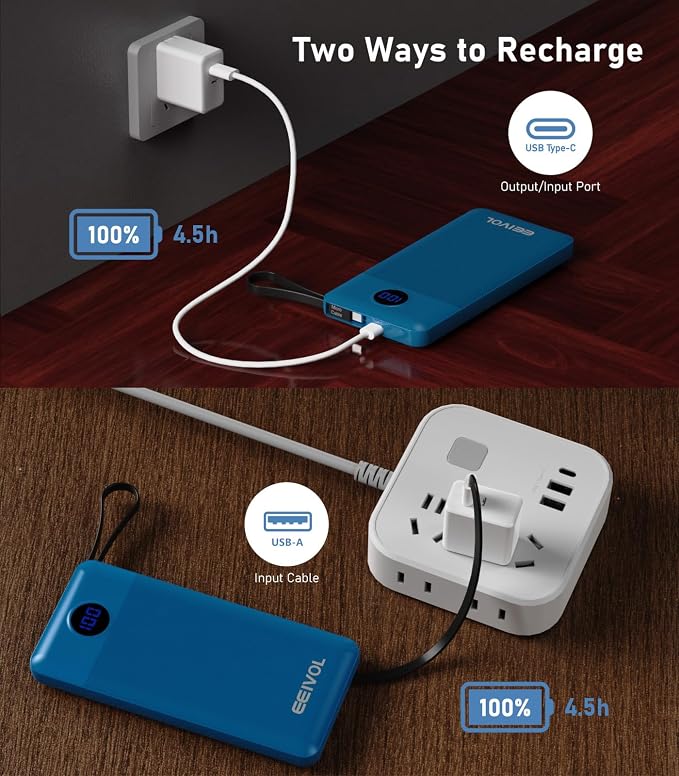 Portable Charger with Built in Cables, Slim 10000mAh Power Bank, USB C Battery Pack Travel, 4 Output 2 Input External Charging Bank for iPhone 17/16/15/14/13,Samsung, Android, etc-Blue(1 Pack) - Image 6