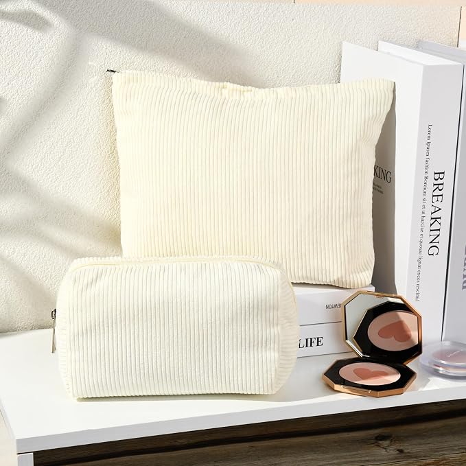 SOIDRAM 2 Pieces Corduroy Makeup Bag Large Corduroy Cosmetic Bag Capacity Canvas Mix Travel Toiletry Bag Organizer Cute Makeup Brushes Aesthetic Accessories Storage Bag for Women - Image 6