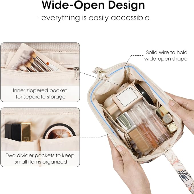 Narwey Women Makeup Bag Wide-open Make up Bag Travel Cosmetic Organizer Toiletry Bag for Cosmetics Toiletries Accessories (Beige Flamingo) - Image 2