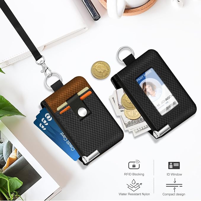 Minimalist RFID Blocking Small Wallet with ID Window,WaterResistant Zip Id Case Wallet with Lanyard Keychain for Cards,Cash,Travel,Women,Men (Black/Brown) - Image 8