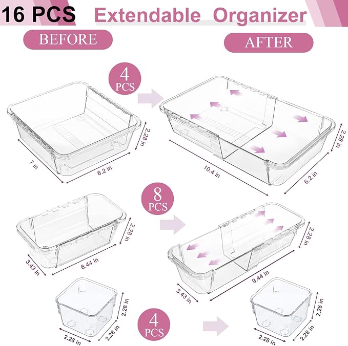 16 Pcs Upgraded Extendable Clear Drawer Organizer, Adjustable Vanity Storage Box, 3-Size Desk Drawer Organizer, Durable Storage Bins for Makeup, Cosmetic, Bedroom Dressers Tool Organizer for Gadgets - Image 3