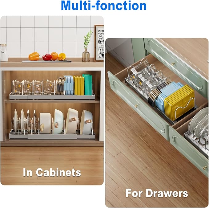 Mustorn 2 Pack Pots and Pans Organizer Under Cabinet, 22" Expandable Food Storage Container Lid Organizers with 9 Adjustable Dividers Pot and Pan Lid Holders Rack Inside Cabinet/Countertop(Gray) - Image 3